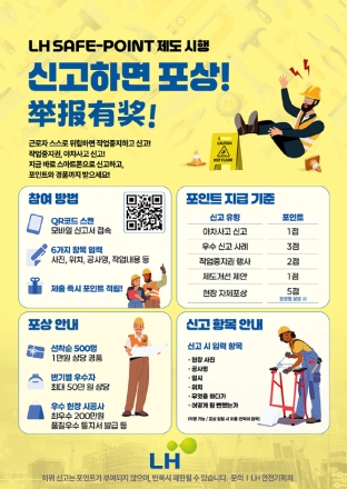 LH, 근로자 자율 안전신고 ‘세이프-포인트 제도’ 도입… 최대 200만원 포상