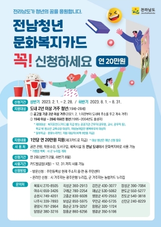 화순군, ‘전남청년 문화복지카드 지원사업’ 대상자 모집