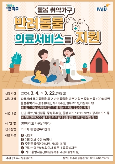 파주시, 취약가구 반려동물 병원비 부담 던다