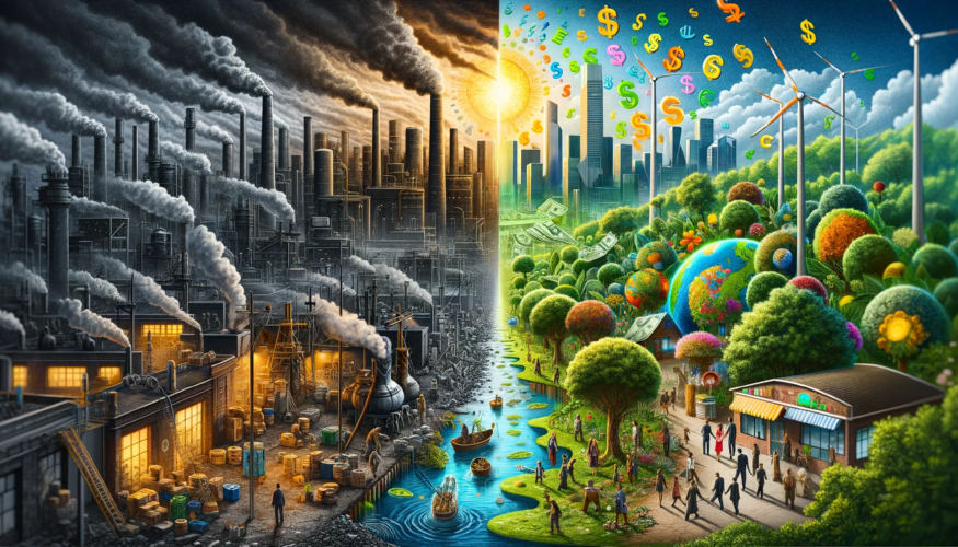 1. A conceptual image representing the evolution of the finance industry towards sustainability and social responsibility. The image should split into.jpg